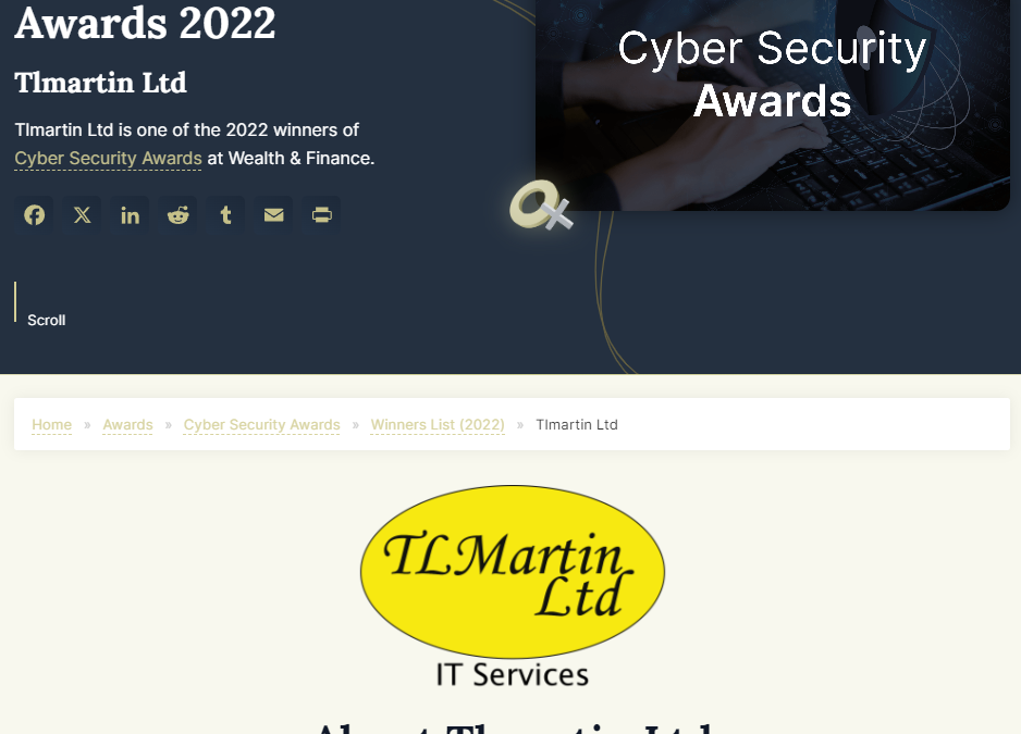 TLMartin Ltd. Wins “Best IT Backup Solutions Services in the Midlands 2022” at Wealth and Finance Cyber Security Awards!