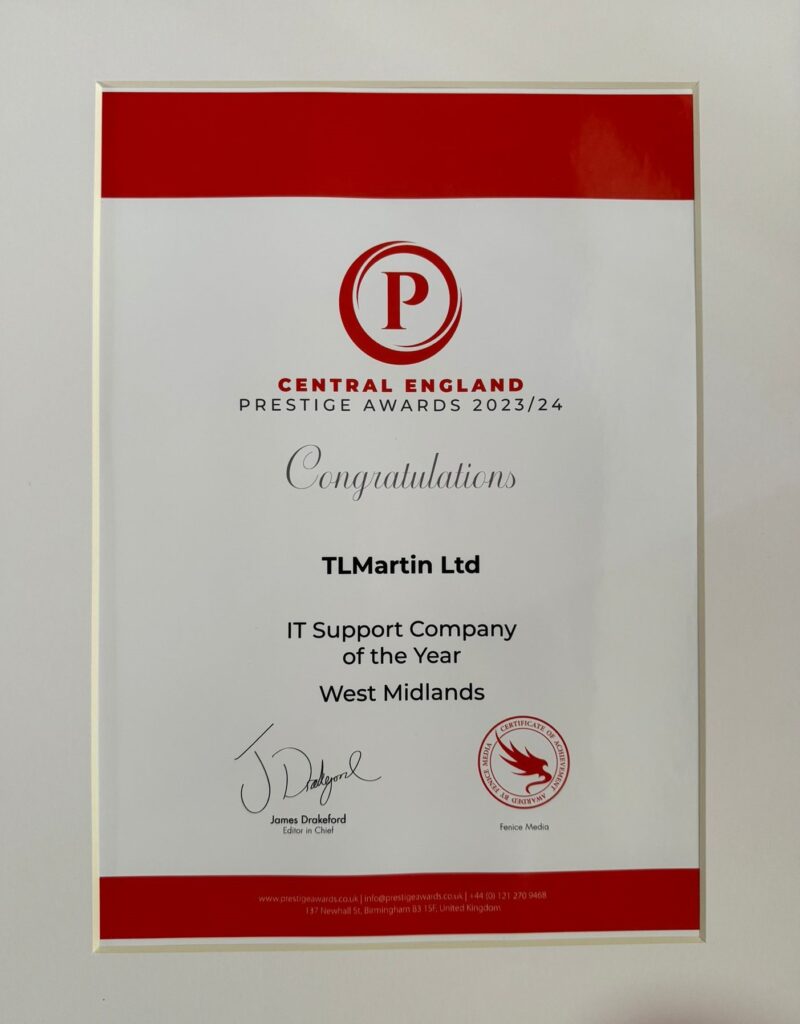 Prestige Awards 2023/2024 IT Support Company of the Year Certificate