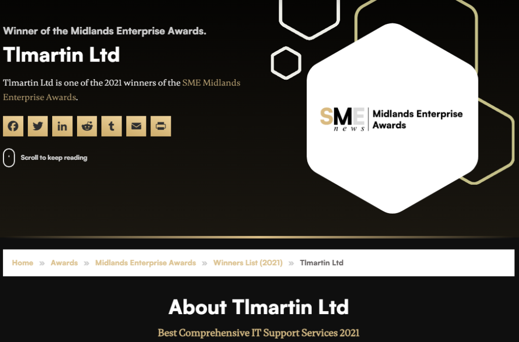 SME News Midlands Enterprise Awards - Best Comprehensive IT Support Services 2021