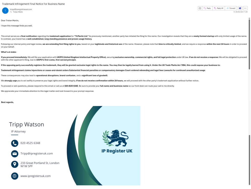 Trademark Final Notice Email Scam