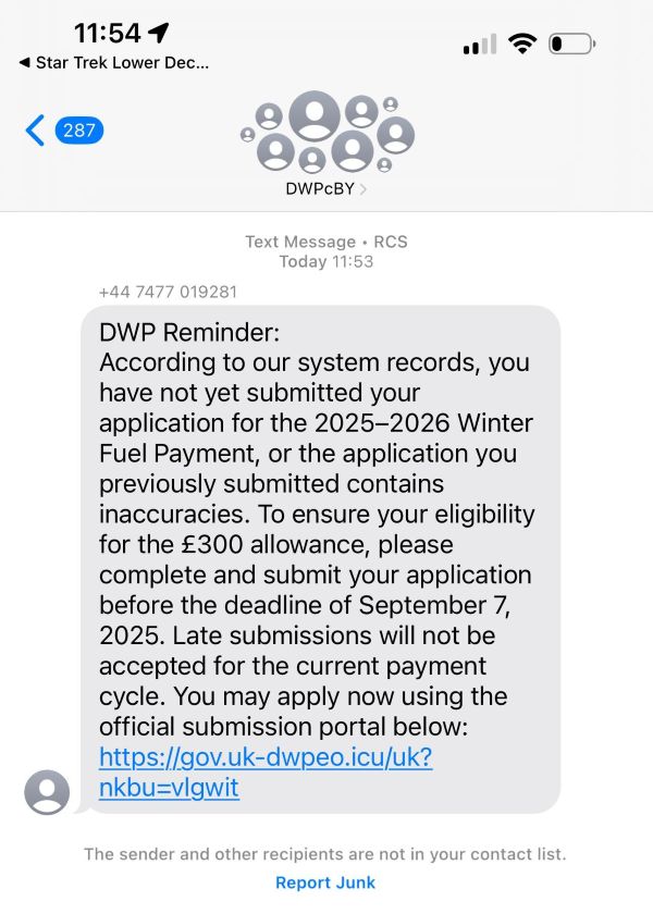 Fake SMS from Winter Fuel Payment scammers